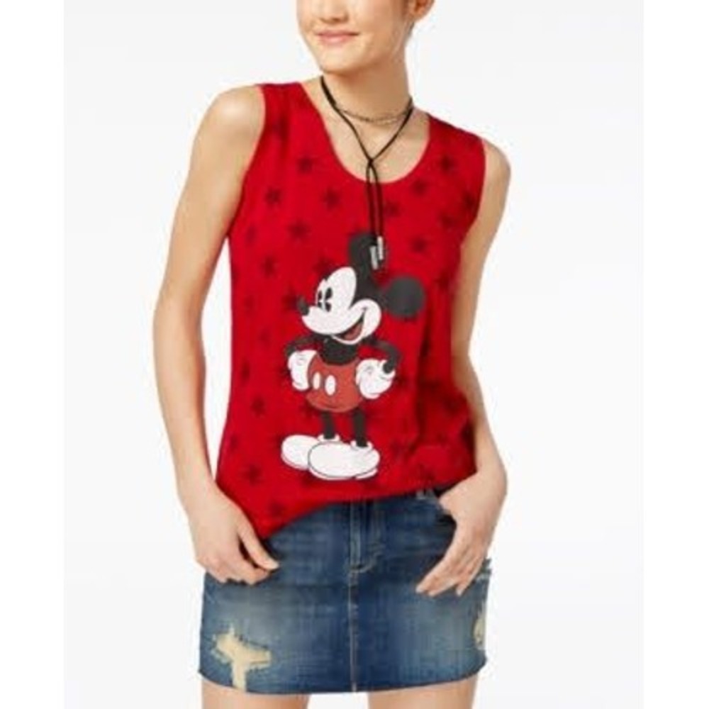 Disney Mickey Mouse Star Print Tank Top Red Sleeveless Graphic Tee Small New